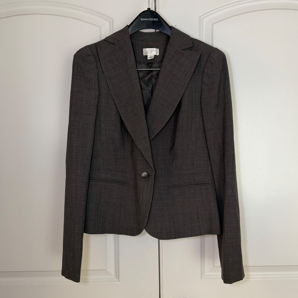 Ann Taylor LOFT Women Charcoal Gray Wool Blend Single Button Blazer Jacket Sz 10